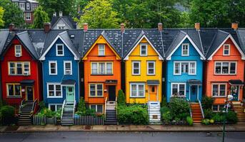 A row of colorful houses with a green house in the middle. The houses are all different colors and have a unique design photo