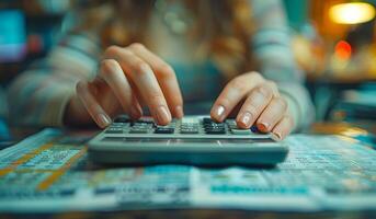 A woman is using a calculator on a table. The calculator is on a piece of paper with other numbers and symbols photo