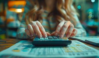A woman is using a calculator to add numbers. Concept of focus and concentration as the woman works on her calculations. photo