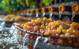 A bunch of grapes are being washed in a stream of water photo