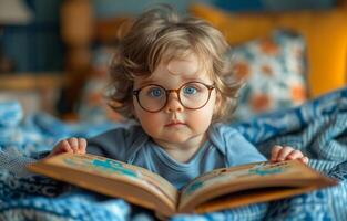 A baby wearing glasses is laying on a bed with a book in front of him. The baby is looking at the book with interest photo