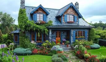 A large blue house with a green roof and a garden in front of it. The house has a lot of windows and a porch photo