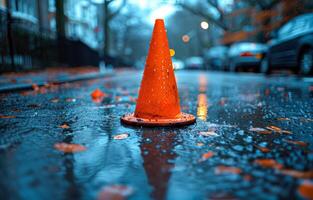A cone is sitting in a puddle of water. The cone is orange and is on the road photo