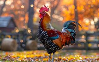 A rooster stands in a field of autumn leaves. The rooster is a mix of red, black, and white colors photo