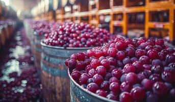 A bunch of grapes are in a barrel. The grapes are red and shiny. The barrel is made of wood photo