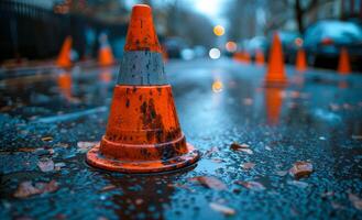 A cone is sitting in a puddle of water. The cone is orange and has a white stripe photo