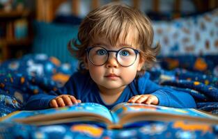 A young child is laying on a bed with a book in front of them. The child is wearing glasses and he is focused on the book. photo