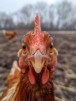 A chicken with a red comb and orange beak is looking at the camera photo