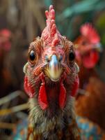 A chicken with a red head and a red beak. The chicken is looking at the camera photo