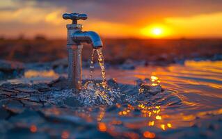 A faucet is dripping water into a body of water. The water is reflecting the sun, creating a beautiful and serene scene photo