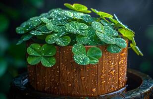 A small plant with four leaves is sitting in a wooden bowl. The leaves are wet and shiny, giving the impression of freshness and vitality photo