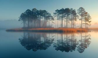 A forest of trees is reflected in the water. The trees are tall and green, and the water is calm. The scene is peaceful and serene photo