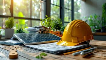 A yellow hard hat sits on a table with a stack of papers and a pair of scissors photo