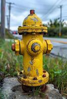 A yellow fire hydrant with a red cap sits on a cement block. The hydrant is old and rusted, but it still stands out against the green grass photo
