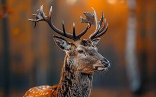 A deer with antlers is standing in a forest. The deer is brown and white in color photo