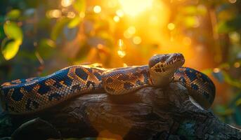 A large snake is laying on a log in the sun. The snake is brown and black with yellow markings photo