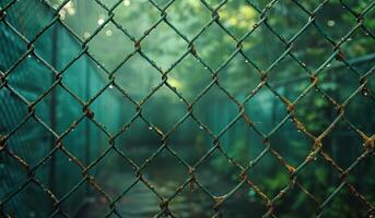 A green fence with raindrops on it. The fence is surrounded by trees and bushes photo