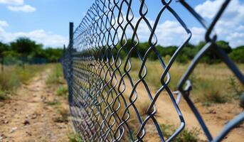A chain link fence with a few trees in the background. The fence is in a field with a dirt road photo
