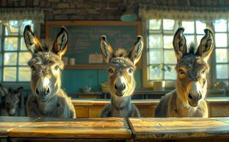 Three donkeys standing in front of a chalkboard photo