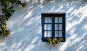 A window with a blue frame and white curtains sits in front of a white wall photo