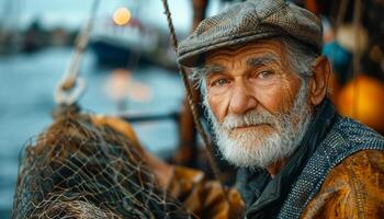 A man with a beard and a hat is standing in front of a boat. He is holding a fishing net photo