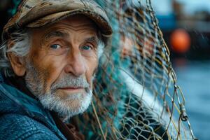 A man with a hat and beard is standing in front of a net. He looks tired and worn out photo