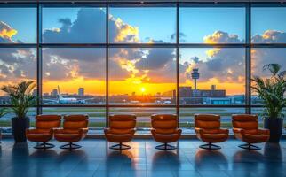 The sun is setting, casting a warm glow over the scene. A row of orange chairs are lined up in front of a large window overlooking a city. photo