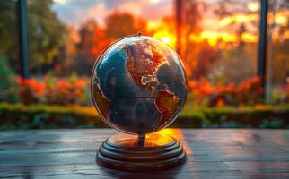 A globe sits on a wooden table with a view of the sunset in the background photo