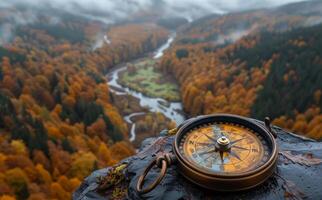 A compass is sitting on a rock in a forest. The compass is pointing to the right. The forest is full of trees and the sky is cloudy photo