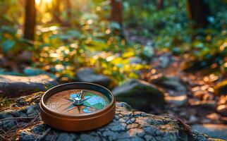 A compass is sitting on a rock in a forest. The compass is pointing to the right. photo