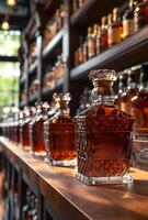 A row of liquor bottles on a shelf. The bottles are all different sizes and shapes photo
