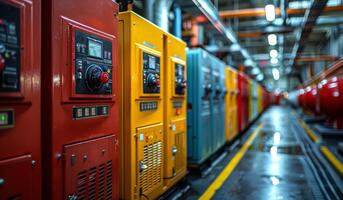 A row of yellow and red electrical boxes are lined up in a factory photo