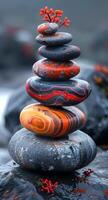 A stack of rocks with a red and black striped rock in the middle. The rocks are arranged in a pyramid shape photo