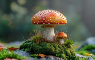 A mushroom is sitting on a rock with a smaller mushroom next to it photo