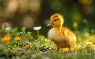 A baby duck is standing in a field of flowers. The duck is small and yellow, and it is surrounded by green grass. photo