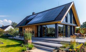 A large house with a lot of windows and a solar panel on the roof photo