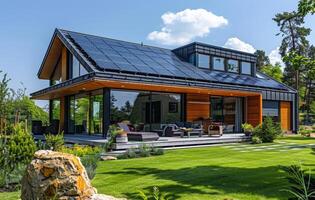 A large house with a green roof and a lot of windows. The house is surrounded by a lush green lawn and a rock photo