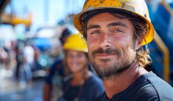 A man wearing a yellow hard hat is smiling at the camera photo
