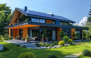 A large house with a lot of windows and a green lawn photo