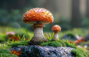 Two small orange mushrooms are sitting on a rock in a grassy field. The mushrooms are surrounded by green grass and some leaves. photo