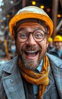A man with a yellow scarf and a hard hat is smiling. He is wearing glasses and has a beard photo