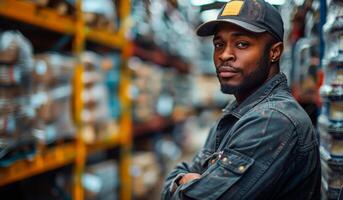 A man wearing a blue jacket and a hat stands in front of a row of shelves. He is looking at the camera with a serious expression photo