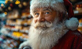 A man with a beard and mustache wearing a red Santa hat and a white hat. He is smiling and looking at the camera photo