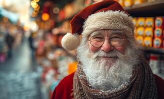 un sonriente Papa Noel claus con un rojo sombrero y lentes soportes en frente de un almacenar. él es rodeado por varios elementos, incluso un botella y un taza. foto