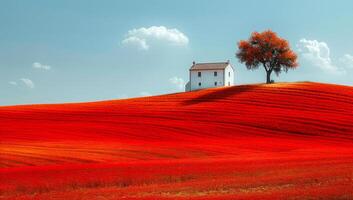 A red field with a white house and a tree in the middle photo