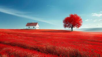 A red field with a white house and a tree in the middle. The field is full of red flowers, giving it a vibrant and lively atmosphere photo
