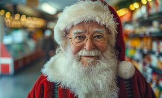 un sonriente Papa Noel con un rojo sombrero y lentes soportes en un Tienda foto
