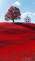 A red field with a white house in the middle photo