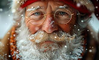A smiling Santa Claus with a red hat and white beard. He is wearing glasses and has a beard that is covered in snow photo