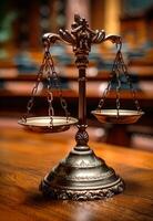 A silver scale with a gold chain hanging from it. The scale is on a wooden table. Scene is serious and formal photo